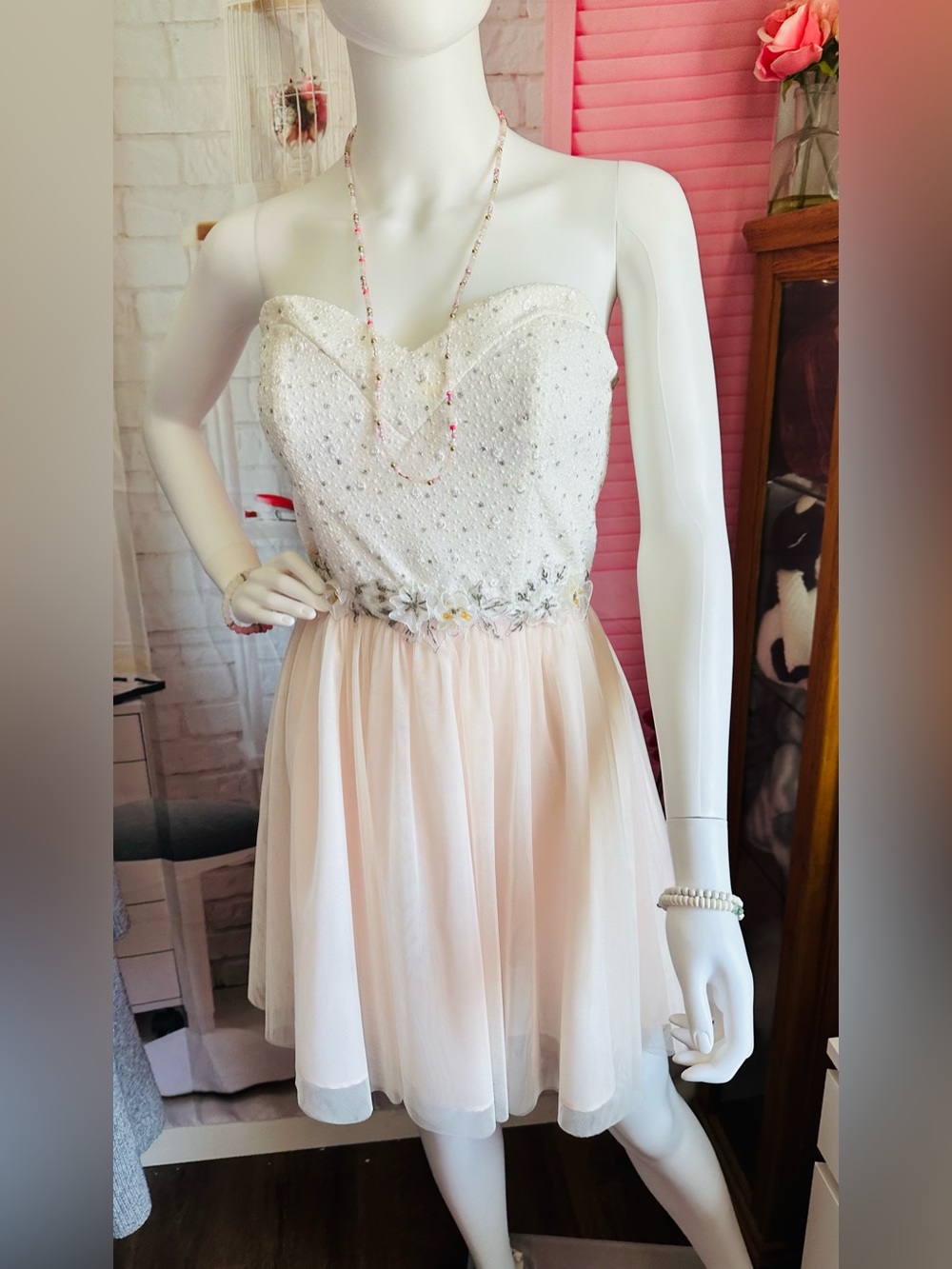 Masquerade Ivory and Pale Pink Beaded Party Dress - Picture 4 of 9